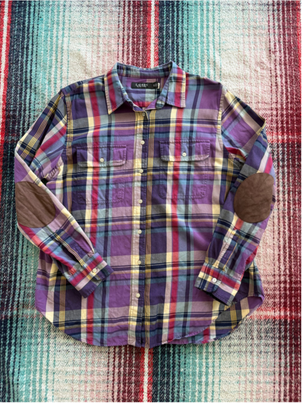 Lauren Ralph Lauren Purple Plaid Suede Elbow Patch Workshirt XL